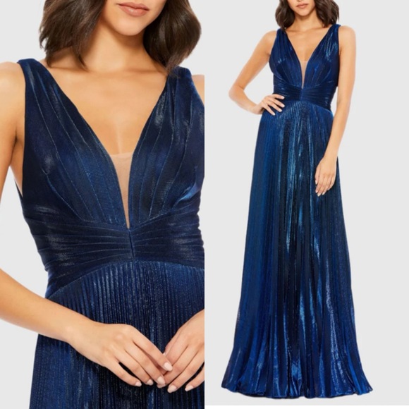 Mac Duggal PLUNGE NECK PLEATED METALLIC GOWN 50640 Sapphire NEW Size 12 - Picture 2 of 8